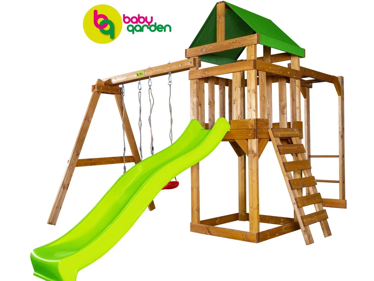 Детская игровая площадка BabyGarden Play 4 LG с рукоходом, качелями и светло-зеленой горкой