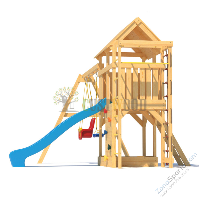 Детская деревянная игровая площадка для улицы дачи CustWood Scout S4+ с большой деревянной крышей