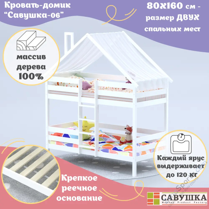 Кровать-домик Савушка-06 двухъярусная 80х160 White (белый) Кровать-домик Савушка-06 двухъярусная 80х160 White (белый)