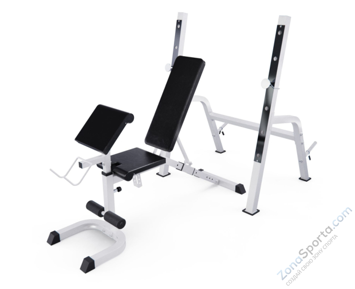 Скамья со стойками под штангу DFC GORILLA белая, с партой для бицепса